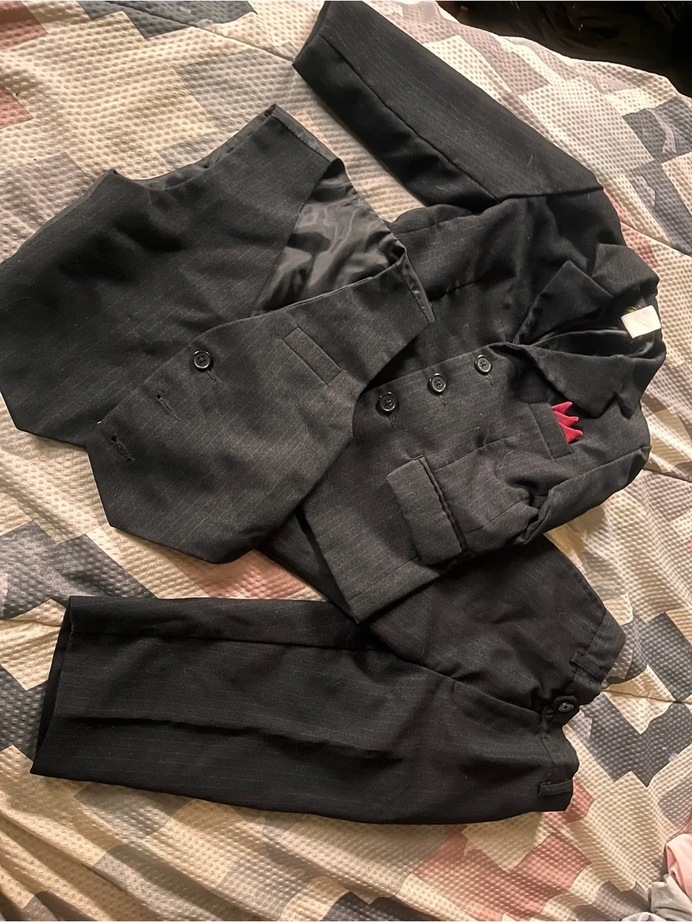 RAFAEL Black Boys' Three-Piece Suit with Red Pocket Accent